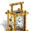 CHINOISERIE MINIATURE CARRIAGE CLOCK WITH PORCELAIN PANELS French