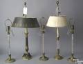 Five lamps to include 2 French Louis XVI style electric table lamps and 3 brass lamps with clear glass columns