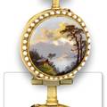GOLD ENAMEL AND PEARL PENDANT WATCH Swiss