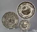 Three Staffordshire brown transfer decorated plates