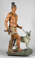 Cast zinc and painted standing Indian warrior and dog tobacconist figure late 19th c