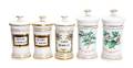 Five Porcelain Lidded Apothecary Jars