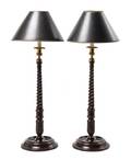 A Pair of Mahogany Treen and Brass CandlestickForm Table Lamps