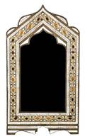 A Middle Eastern Silvered Metal and Bone Inlaid and Hardstone Inlaid Mirror