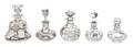 A Group of Five Silver Overlay Glass Perfume Bottles